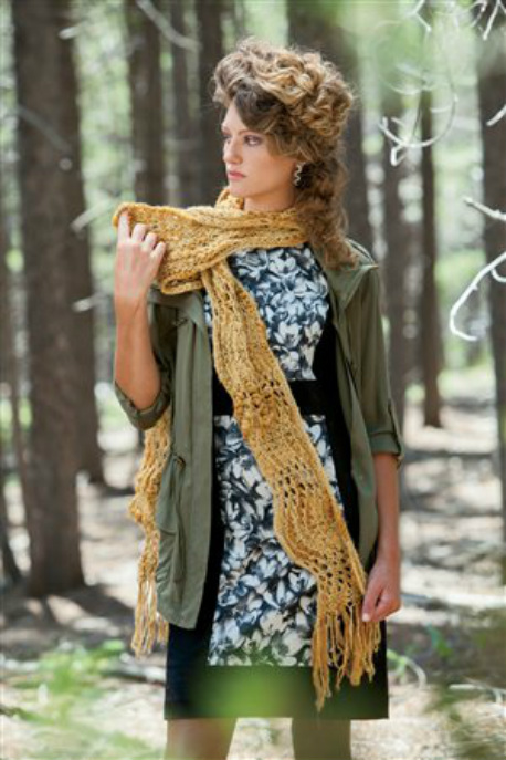 Hoptree Scarf knitting pattern by Cassie Castillo.  Feather and fan stitch scarf worked sideways.