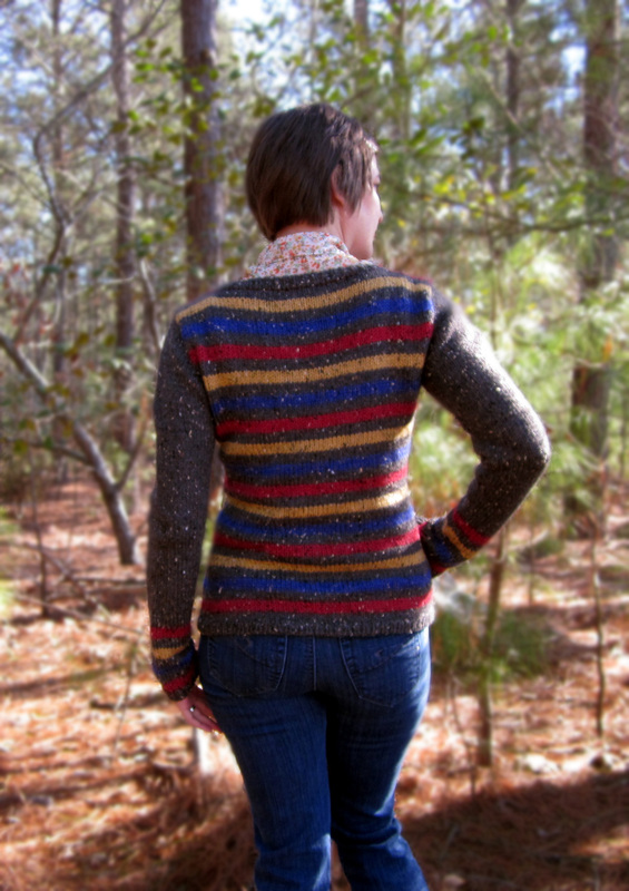 Wessex Cardigan knitting pattern by Cassie Castillo.  Striped v-neck sweater with solid sleeves.