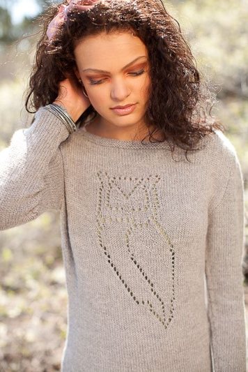 Nocturnal Pullover knitting pattern by Cassie Castillo.  Boatneck sweater with owl lace motif.