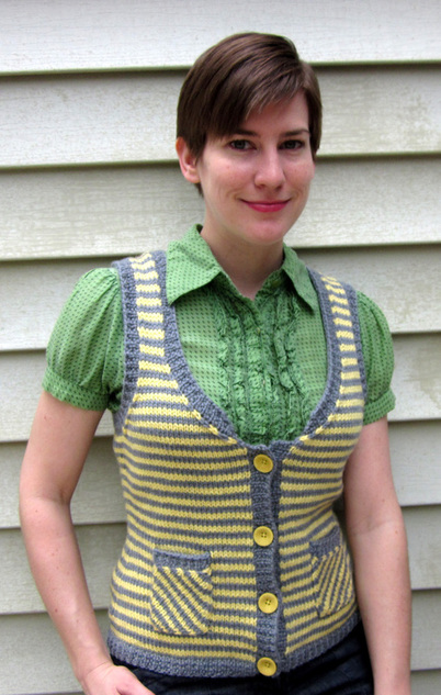 Olexa Vest knitting pattern by Cassie Castillo.  Striped vest with pockets.