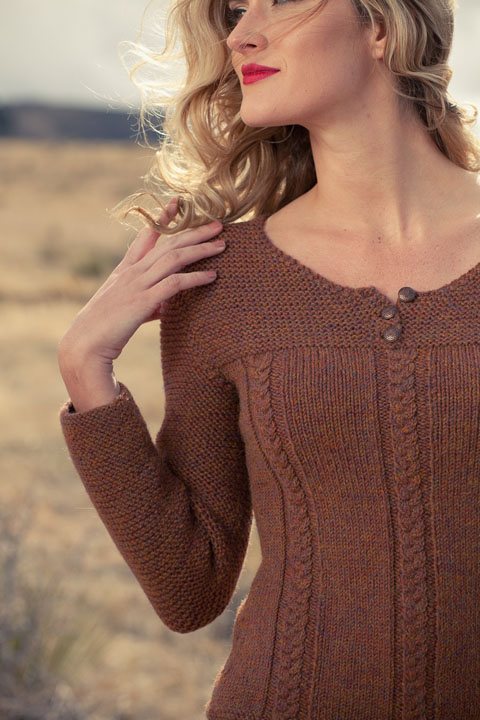 Alison Pullover knitting pattern by Cassie Castillo.  Henley sweater with 3/4 sleeves and cables.