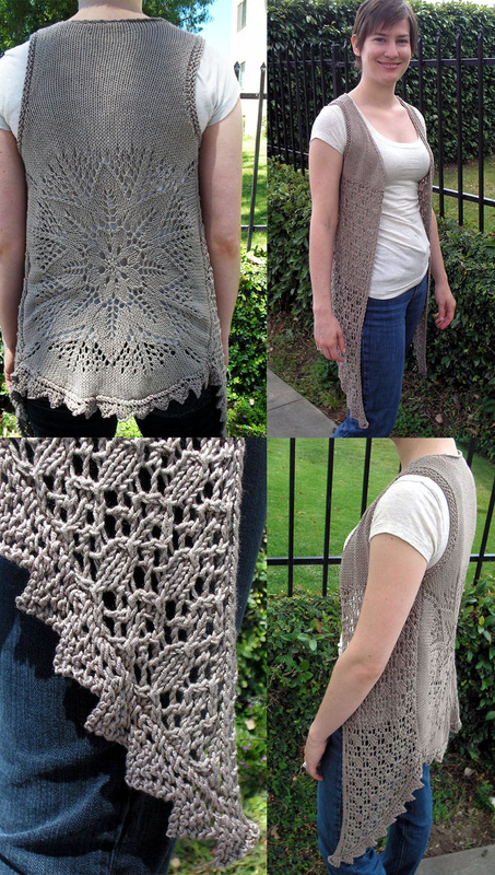 Aster Vest knitting pattern by Cassie Castillo.  Lace vest with drape front.
