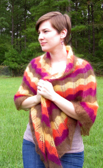 Technidream Shawl knitting pattern by Cassie Castillo.  Striped zig zag stitch triangle shawl.