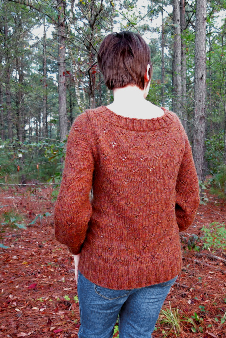 Starbrook Pullover knitting pattern by Cassie Castillo.  Scoopneck sweater in lace stitch pattern with kangaroo pocket.  