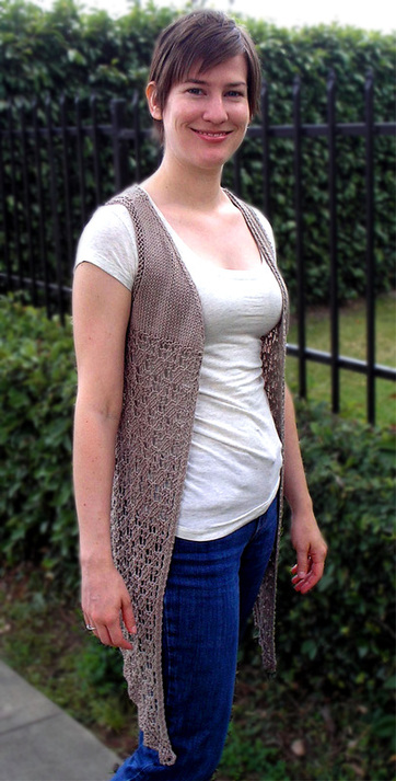 Aster Vest knitting pattern by Cassie Castillo.  Lace vest with drape front.