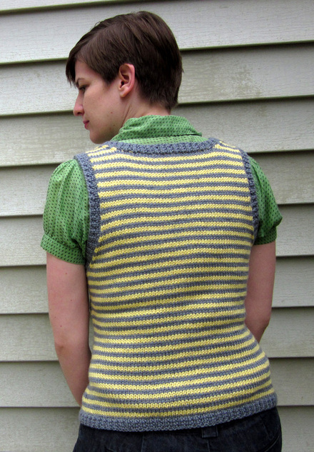 Olexa Vest knitting pattern by Cassie Castillo.  Striped vest with pockets.