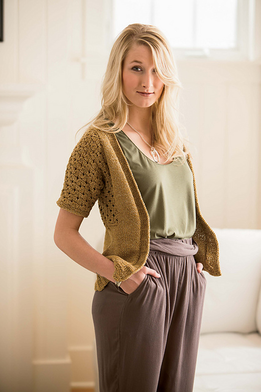 Edelweiss Cardigan knitting pattern by Cassie Castillo.  Stranded fair isle yoke sweater with flowers and short sleeves.