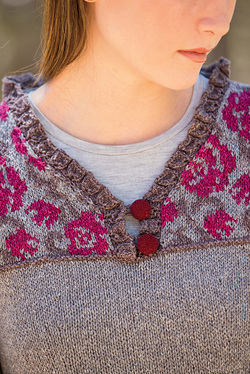 Rosemary Cardigan knitting pattern by Cassie Castillo.  V-neck sweater with cables and pockets.